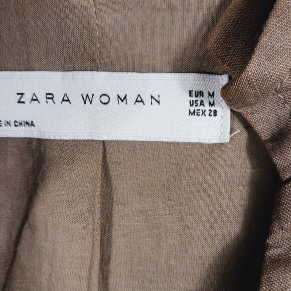 Zara Woman Tan/Brown Linen Jacket Pleated Back, Tie Waist Sz MED Earthy Neutral - Picture 3 of 16